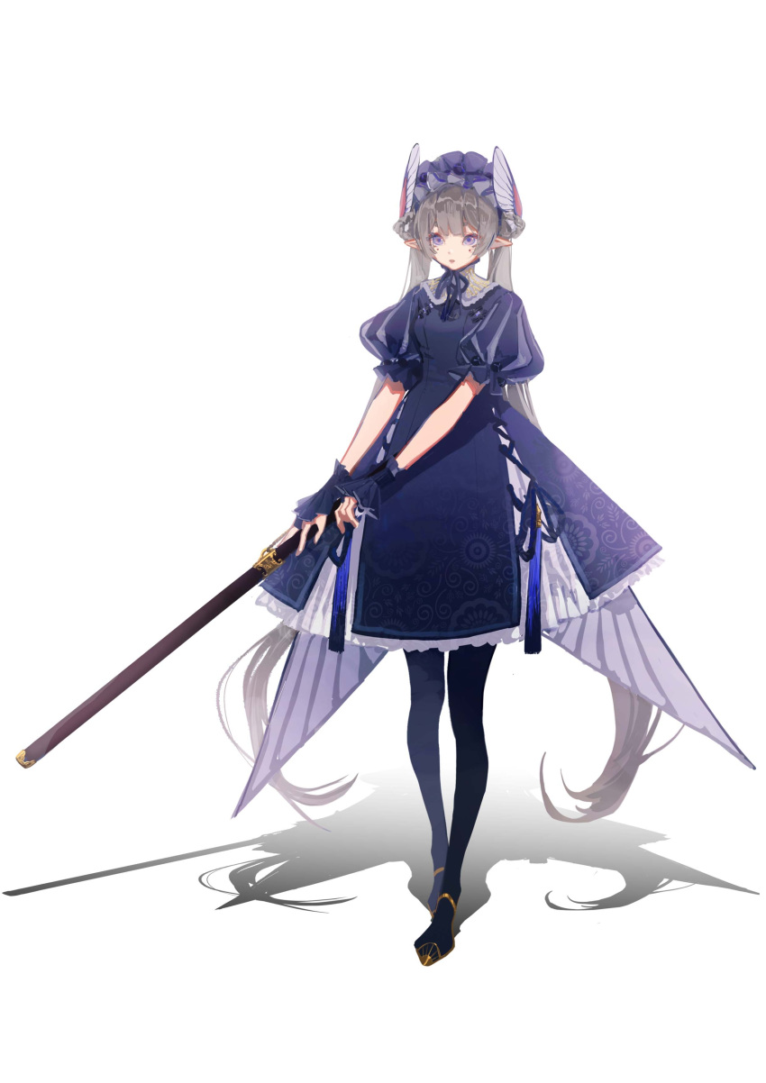 1girl absurdres blue_dress blue_headwear blue_pantyhose blue_theme bonnet braid breasts chin_strap cross-laced_clothes dlgeria dress floral_print frills full_body grey_hair hair_rings high_heels highres holding holding_sword holding_weapon long_hair looking_at_viewer mole mole_under_eye original pantyhose parted_lips pointy_ears puff_and_slash_sleeves puffy_short_sleeves puffy_sleeves purple_eyes shadow short_dress short_sleeves simple_background small_breasts solo standing sword tassel train_(clothing) twin_braids twintails very_long_hair weapon white_background wing_hair_ornament wrist_cuffs yellow_footwear