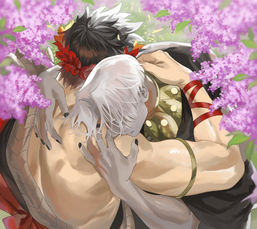 2boys black_hair black_nails dark-skinned_male dark_skin flower from_behind gorget greek_clothes hades_(game) highres hug laurel_crown leaf lilac male_focus multiple_boys neko_(umkbtya) single_bare_shoulder thanatos_(hades) white_hair yaoi zagreus_(hades)