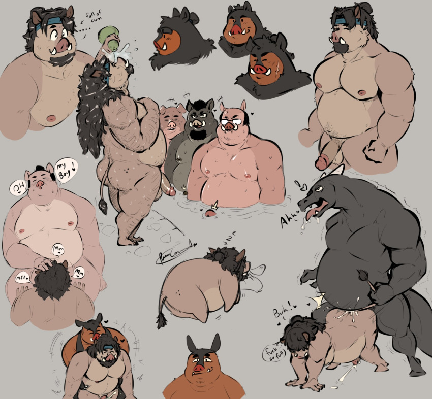 2022 anthro balls belly big_belly black_body bodily_fluids brown_body cum duo erection eyewear genital_fluids genitals glasses hi_res male male/male mammal moobs musclegut nintendo nipples orange_body overweight overweight_male penis pignite pok&eacute;mon pok&eacute;mon_(species) pure_command sex solo suid suina sus_(pig) video_games wild_boar