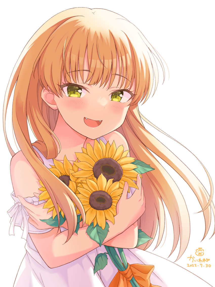 1girl bangs bare_shoulders blonde_hair collarbone commentary_request dated dress flower highres idolmaster idolmaster_cinderella_girls idolmaster_cinderella_girls_starlight_stage jougasaki_rika kaiware-san long_hair object_hug signature simple_background solo sunflower white_background white_dress yellow_eyes yellow_flower