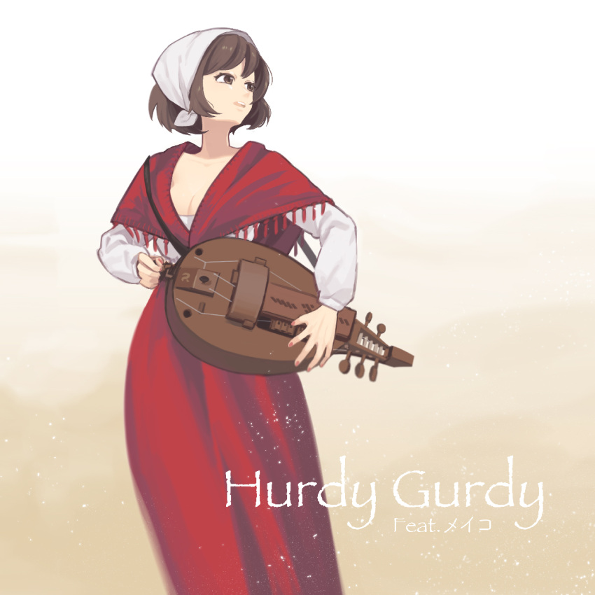 1girl bangs bob_cut breasts brown_background brown_eyes brown_hair character_name cleavage feet_out_of_frame fringe_trim gradient gradient_background headdress highres holding holding_instrument hurdy-gurdy instrument light_particles long_skirt long_sleeves looking_away looking_to_the_side meiko mixed-language_commentary music playing_instrument red_shawl red_skirt roy_(pixiv992911) shawl shirt skirt smile solo tassel vocaloid white_background white_headwear white_shirt