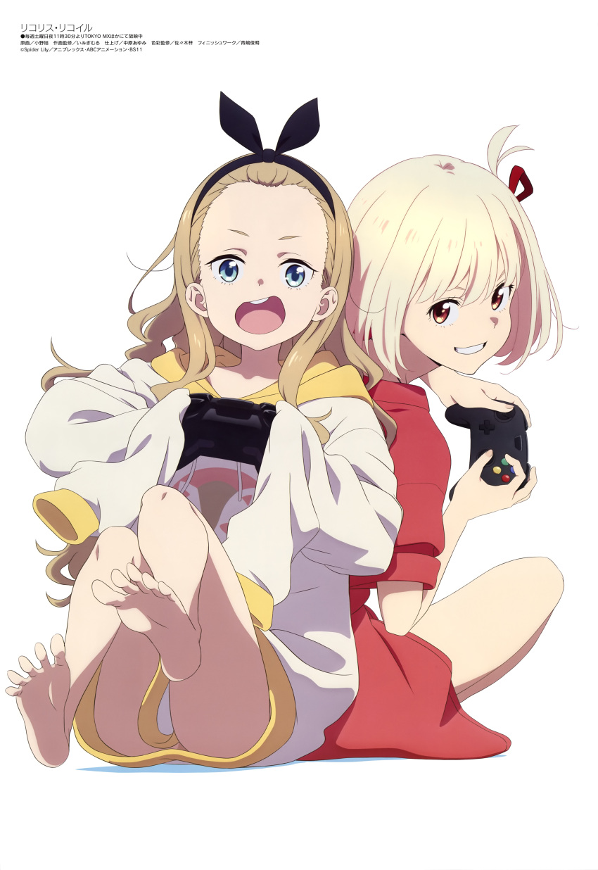 2girls absurdres bare_legs barefoot black_ribbon blonde_hair blue_eyes controller dress feet full_body game_console game_controller hair_ribbon hairband highres hood hoodie kurumi_(lycoris_recoil) long_hair looking_at_viewer lycoris_recoil megami_magazine multiple_girls nishikigi_chisato official_art ono_akira open_mouth panties red_dress red_eyes red_ribbon ribbon short_hair soles toes underwear white_background white_hoodie yellow_hood