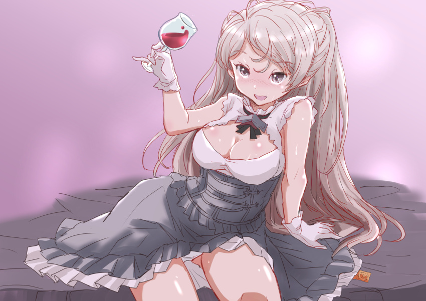 1girl alcohol breasts cleavage cleavage_cutout clothing_cutout conte_di_cavour_(kancolle) conte_di_cavour_nuovo_(kancolle) cup dress drinking_glass frilled_dress frills fuji_(pixiv24804665) gloves grey_dress grey_eyes grey_hair highres holding holding_cup kantai_collection large_breasts layered_dress long_hair sitting solo two-tone_dress two_side_up white_dress white_gloves wine wine_glass