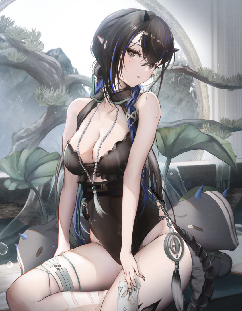 1girl arknights bangs bare_arms bare_shoulders black_hair black_nails black_swimsuit blacknight_(arknights) blacknight_(summer_flowers)_(arknights) blue_hair bonsai braid breasts brown_eyes casual_one-piece_swimsuit cleavage collarbone creature highres horns long_hair looking_at_viewer masai_no_senshi medium_breasts mole mole_on_arm mole_on_breast mole_under_eye multicolored_hair nail_polish one-piece_swimsuit parted_lips plant pointy_ears sitting smile solo swimsuit tail tassel thigh_strap two-tone_hair very_long_hair