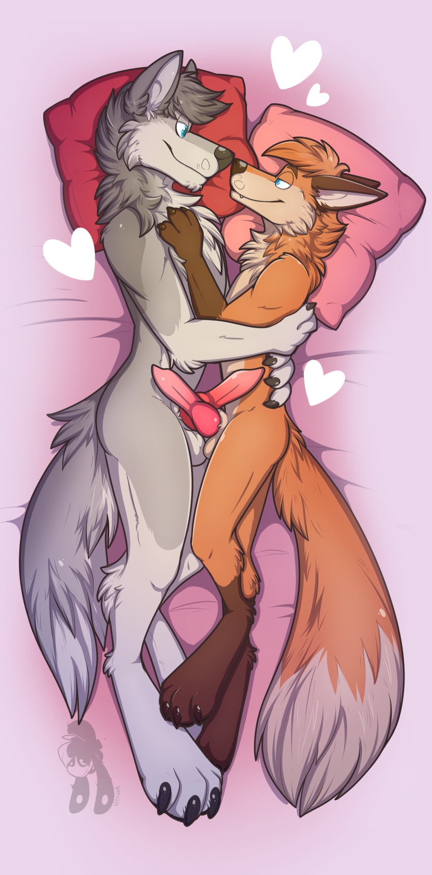 &lt;3 2019 absurd_res animal_genitalia animal_penis anthro balls bed bedroom_eyes blue_eyes canid canine canine_penis canis duo embrace erection eye_contact fox frottage fur grey_fur half-closed_eyes hi_res hug knot male male/male mammal nose_to_nose nude on_bed orange_fur penis pillow pink_penis romantic_couple seductive sex wolf yiffy1234