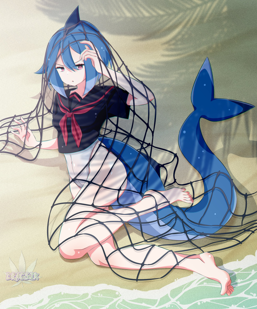 1girl absurdres artist_name bangs bare_legs barefoot beach black_sailor_collar black_shirt borrowed_character covered_navel dracsik1 fish_tail full_body hair_between_eyes highres neckerchief net one-piece_swimsuit original pink_eyes red_neckerchief sailor_collar sand shadow shark_fin shark_girl shark_girl_(azuumori) shark_tail shirt short_sleeves solo swimsuit swimsuit_under_clothes tail water white_swimsuit