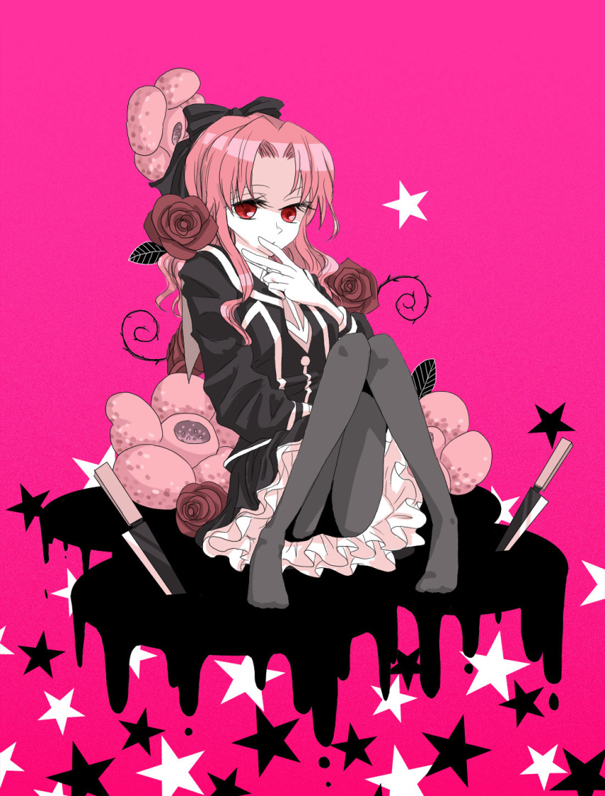 1girl bangs black_dress dress emukae_mukae flower grey_pantyhose hand_up highres knees_up knife leaf long_hair long_sleeves looking_at_viewer medaka_box pantyhose parted_bangs pink_background pink_hair rafflesia_(flower) red_eyes red_flower red_rose rose solo star_(symbol) sue36 thorns