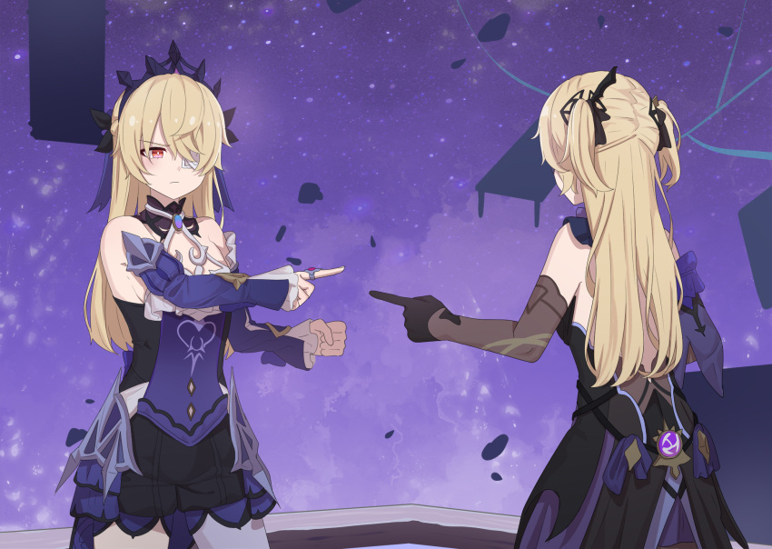 2girls bare_shoulders black_bow black_dress black_gloves black_shorts blonde_hair blue_bow blue_dress bow commentary crown detached_sleeves dress dual_persona eyepatch fischl_(ein_immernachtstraum)_(genshin_impact) fischl_(genshin_impact) genshin_impact gloves hair_bow hayarob highres jewelry long_hair long_sleeves meme multiple_girls pointing pointing_at_another pointing_spider-man_(meme) purple_bow red_eyes ring shorts two_side_up vision_(genshin_impact) wing_hair_ornament