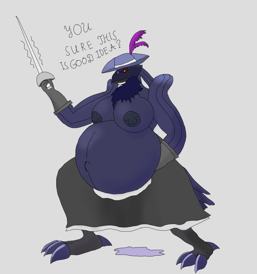 absurd_res anthro clothing corviknight dress duel egg feathers female gloves handwear hat headgear headwear hi_res labour melee_weapon nintendo pauliusthemad pok&eacute;mon pok&eacute;mon_(species) pregnant rapier soldier solo sword video_games vwpologt warrior weapon