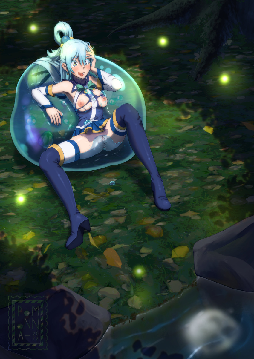 absurdres anal anus aqua_(konosuba) blue_hair boots breast_sucking breasts breasts_out double_penetration fireflies from_above grass highres interspecies kono_subarashii_sekai_ni_shukufuku_wo! nipples pomonna pussy sex slime_(creature) smile spread_legs thigh_boots thighhighs thighhighs_under_boots torn_clothes vaginal water