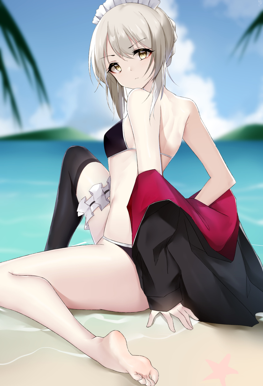 1girl absurdres artoria_pendragon_(alter_swimsuit_rider)_(fate) artoria_pendragon_(fate) back bangs bare_back bare_legs bare_shoulders barefoot beach bikini black_bikini black_jacket black_swimsuit black_thighhighs blonde_hair blurry blurry_background breasts closed_mouth fate/grand_order fate_(series) feet from_side full_body hand_on_floor highres jacket jacket_pull legs light_blush looking_at_viewer maid_headdress medium_hair ocean official_alternate_costume on_floor open_clothes open_jacket saber_alter sideboob sidelocks single_thighhigh small_breasts soles solo swimsuit thighhighs thighs toes yanwulazy yellow_eyes