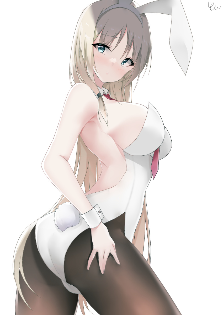 1girl absurdres alternate_costume an-94_(girls'_frontline) animal_ears aqua_eyes ass bangs bare_shoulders between_breasts black_pantyhose blonde_hair blush breasts chinese_commentary closed_mouth fake_animal_ears feet_out_of_frame from_side girls'_frontline hair_ornament hairband hairclip hand_on_thighs highres large_breasts leotard long_hair looking_at_viewer looking_to_the_side necktie necktie_between_breasts pantyhose parted_lips playboy_bunny rabbit_ears rabbit_tail red_necktie shiny shiny_hair sideboob sidelocks simple_background solo standing tail thighs white_background white_hairband white_leotard white_wrist_cuffs wrist_cuffs yanwulazy
