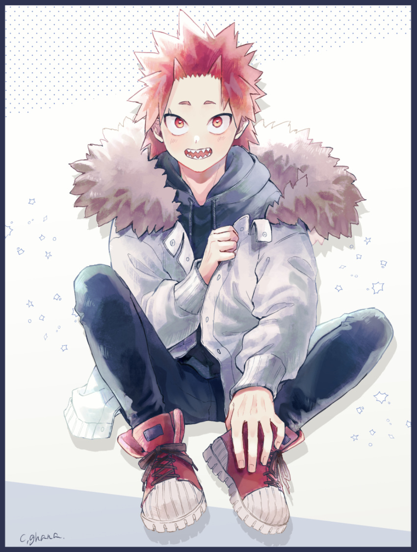 1boy adcalcium black_hoodie black_pants boku_no_hero_academia commentary_request full_body fur-trimmed_hood fur_trim highres hood hood_down hoodie jacket kirishima_eijirou long_sleeves looking_at_viewer male_focus open_mouth pants red_eyes red_footwear red_hair sharp_teeth shoes short_hair signature simple_background sitting smile solo spiked_hair teeth white_background white_jacket