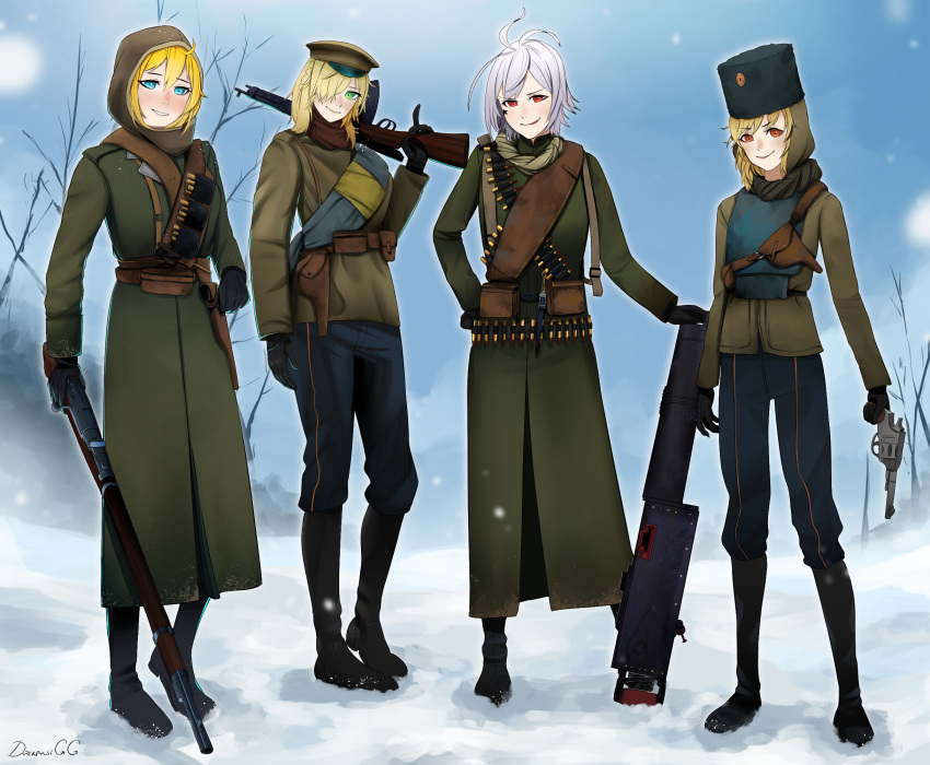 4girls alternate_costume ammunition_belt ammunition_pouch artist_name assault_rifle bangs black_footwear black_gloves blonde_hair blue_eyes blue_pants blush body_armor bolt_action boots brown_jacket brown_scarf bullet closed_mouth coat darkpulsegg english_commentary fedorov_(girls'_frontline) fedorov_avtomat full_body girls'_frontline gloves green_coat green_eyes green_headwear green_scarf gun hair_between_eyes hair_over_one_eye handgun hat highres holding holding_gun holding_weapon holstered_weapon hood hood_up jacket lips long_hair looking_at_viewer machine_gun medium_hair military military_hat military_uniform mosin-nagant mosin-nagant_(girls'_frontline) multiple_girls nagant_m1895 nagant_revolver_(girls'_frontline) open_mouth over_shoulder pants papakha pm1910 pm1910_(girls'_frontline) pouch red_eyes revolver rifle russian_empire scarf shell_casing smile snow snowflakes standing uniform weapon weapon_over_shoulder white_hair winter winter_clothes winter_coat winter_uniform
