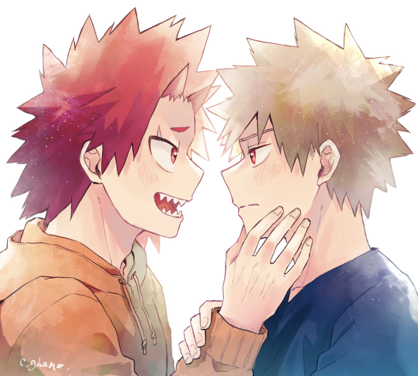 2boys adcalcium bakugou_katsuki black_shirt blonde_hair blush boku_no_hero_academia closed_mouth commentary_request from_side hand_on_another's_arm hand_on_another's_face hood hood_down hoodie kirishima_eijirou long_sleeves looking_at_another male_focus multiple_boys open_mouth orange_hoodie red_eyes red_hair sharp_teeth shirt short_hair signature simple_background spiked_hair teeth white_background yaoi