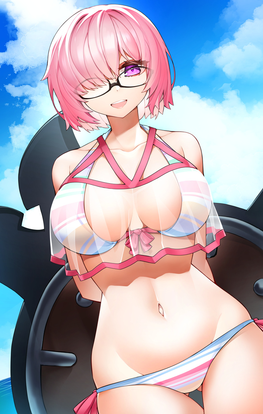 1girl absurdres arms_behind_back beach bikini breasts casul cloud cloudy_sky fate/grand_order fate_(series) glasses hair_over_one_eye highres large_breasts lord_camelot_(fate) mash_kyrielight mash_kyrielight_(swimsuit_of_perpetual_summer_ver.02) navel open_mouth outdoors pink_hair purple_eyes see-through shield sky smile striped striped_bikini swimsuit wide_hips