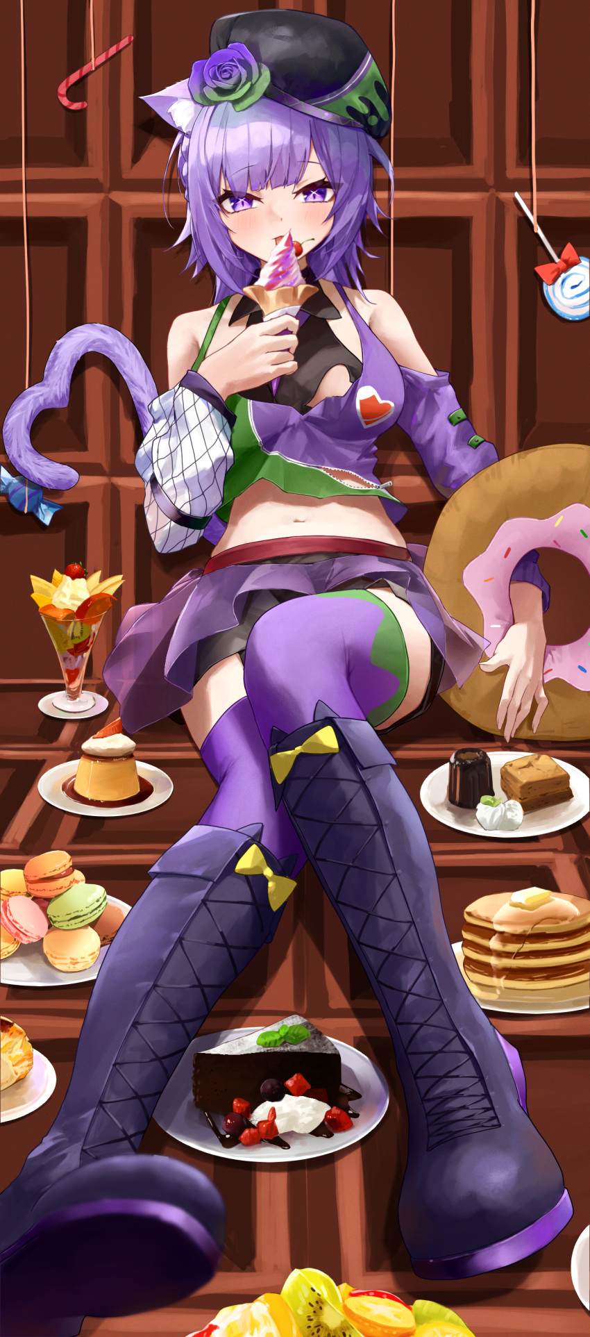 1girl :p absurdres animal_ear_fluff animal_ears bangs bare_shoulders black_footwear black_headwear blush boots cat_ears cat_girl cat_tail chocolate crop_top flower food fruit full_body green_flower green_rose hat heart heart_tail highres holding holding_food hololive ice_cream ice_cream_cone knee_boots long_sleeves looking_at_viewer midriff navel nekomata_okayu pancake plate pudding purple_eyes purple_flower purple_hair purple_rose purple_shirt purple_thighhighs rose shirt sitting solo tail thighhighs toi1et_paper tongue tongue_out virtual_youtuber