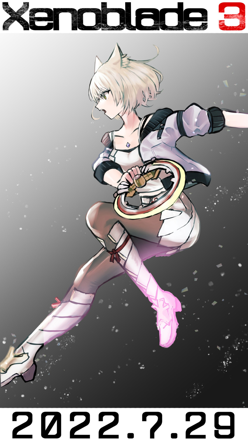 1girl absurdres camisole chakram chest_jewel highres holding holding_weapon jacket kyosuke1413koba leggings mio_(xenoblade) shoulder_strap solo tank_top weapon white_camisole white_jacket xenoblade_chronicles_(series) xenoblade_chronicles_3