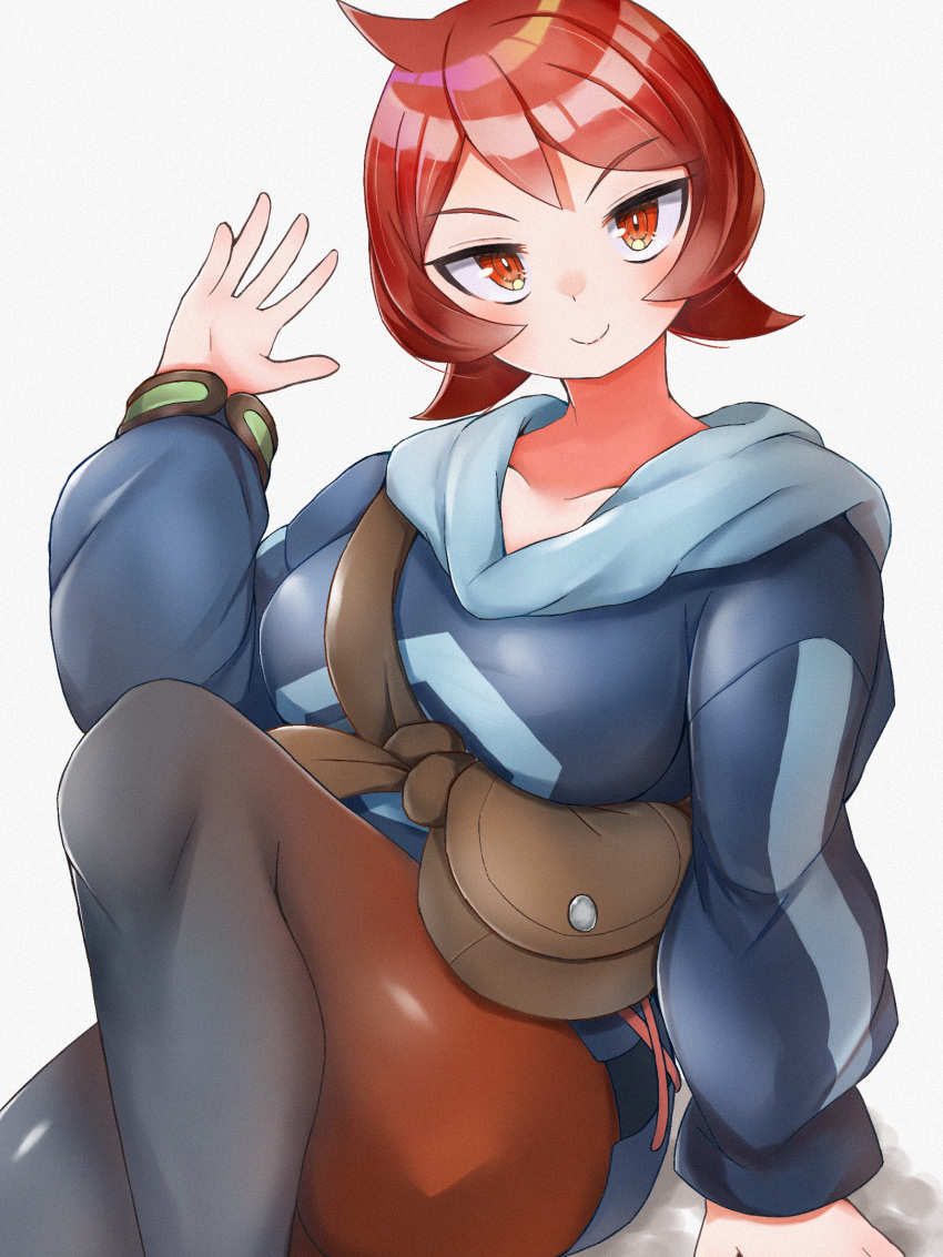 1girl ahoge arezu_(pokemon) arm_support bangs blush breasts closed_mouth commentary_request diamond_clan_outfit fanny_pack gradient gradient_clothes hand_up head_tilt highres knee_up long_sleeves looking_at_viewer medium_breasts nagyiiie pantyhose pokemon pokemon_(game) pokemon_legends:_arceus red_eyes red_hair shiny shiny_clothes shiny_hair short_hair simple_background sitting smile solo