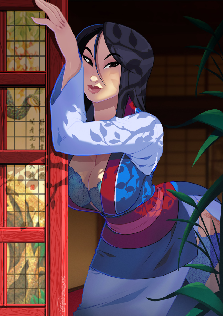 1girl arm_up black_eyes black_hair blue_bra bra cowboy_shot fa_mulan_(disney) hair_between_eyes highres leaf leaning_forward long_hair long_sleeves looking_at_viewer mulan plant shadow smile solo tovio_rogers underwear