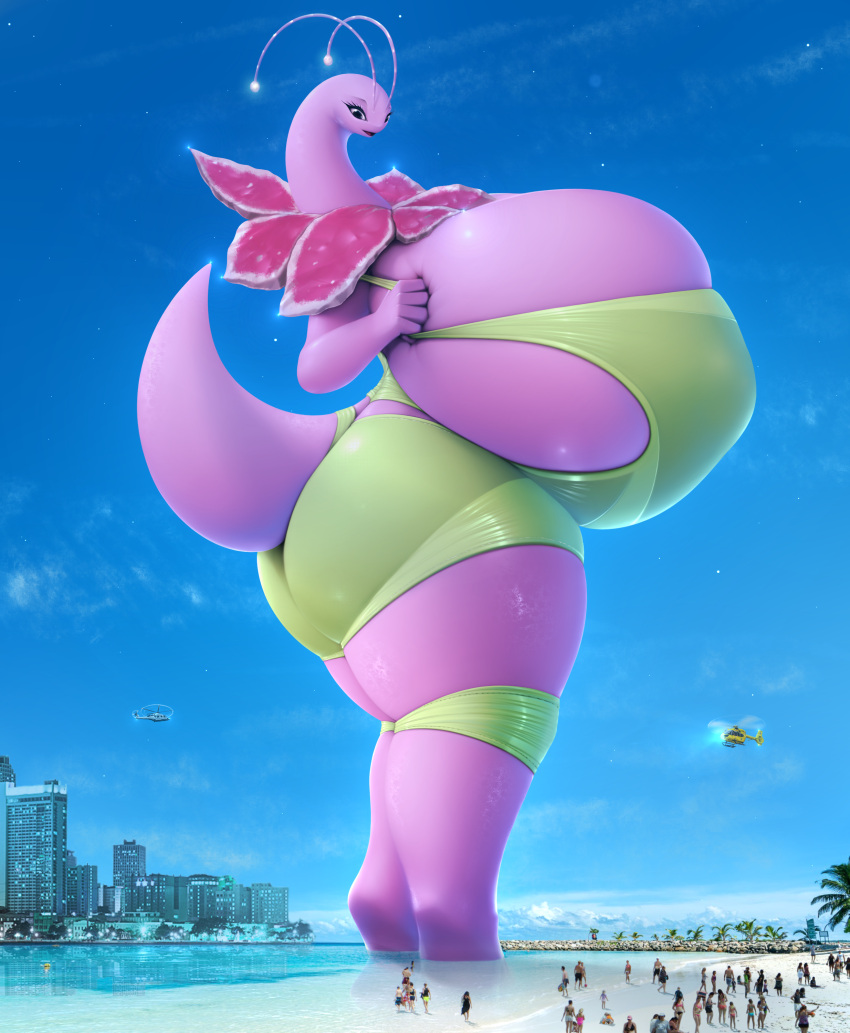 absurd_res aircraft anthro beach big_breasts breasts building clothing drakonst female helicopter hi_res huge_breasts human hyper hyper_breasts larger_female macro mammal meganium nintendo pok&eacute;mon pok&eacute;mon_(species) seaside size_difference smaller_human swimwear thick_thighs video_games