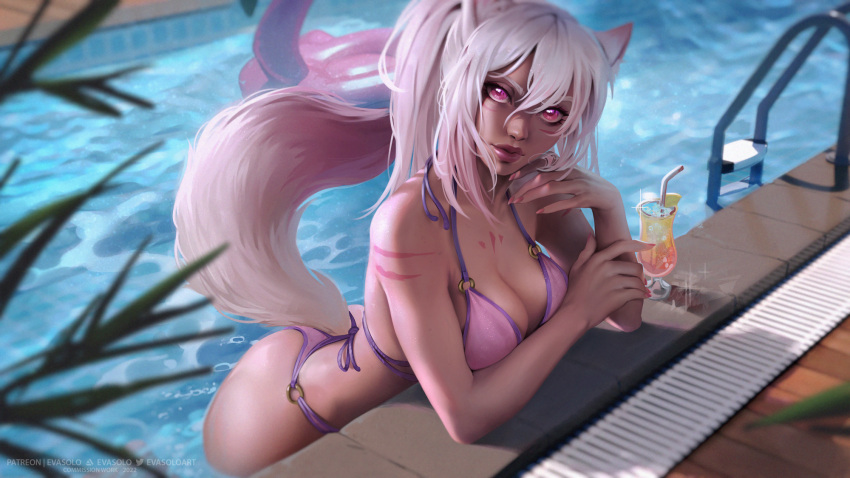 1girl alcohol animal_ears arm_tattoo bikini breasts chest_tattoo cleavage commission dated english_commentary eva_solo facial_tattoo glint gradient hair_between_eyes highres innertube large_breasts lips long_hair looking_at_viewer multicolored_hair o-ring o-ring_bikini original pink_eyes pink_hair pink_lips pink_nails ponytail pool pool_ladder poolside solo swimsuit tail tattoo two-tone_hair water watermark white_hair wolf_ears wolf_girl wolf_tail