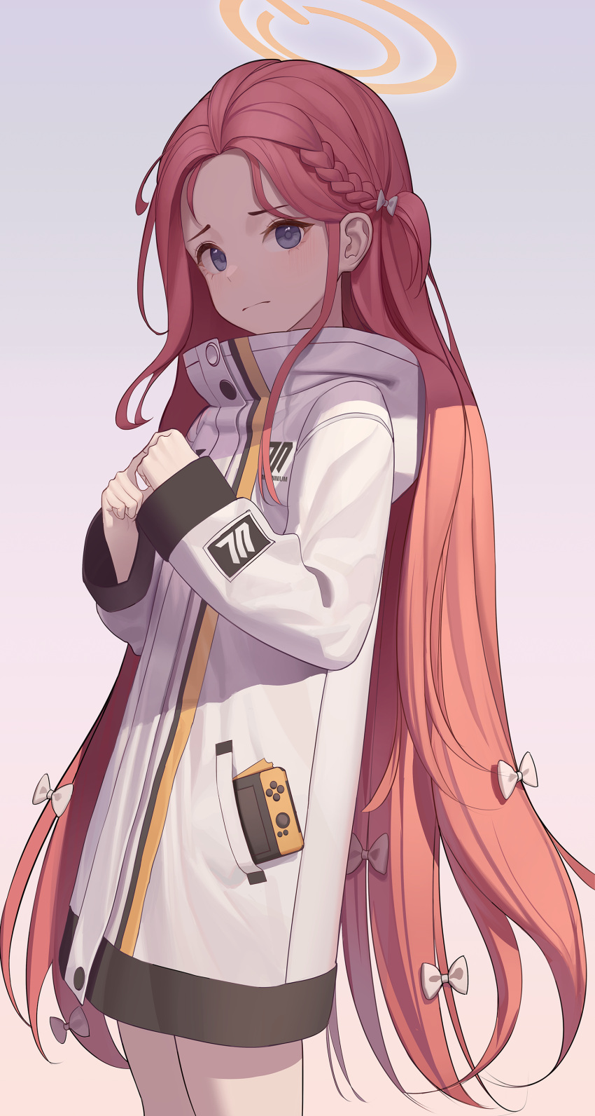 1girl absurdres bangs blue_archive blue_eyes blush bow braid frown hair_bow halo handheld_game_console highres hood hooded_jacket jacket komodo long_hair long_sleeves multiple_hair_bows one_side_up own_hands_together parted_bangs red_hair sleeves_past_wrists solo very_long_hair yuzu_(blue_archive)