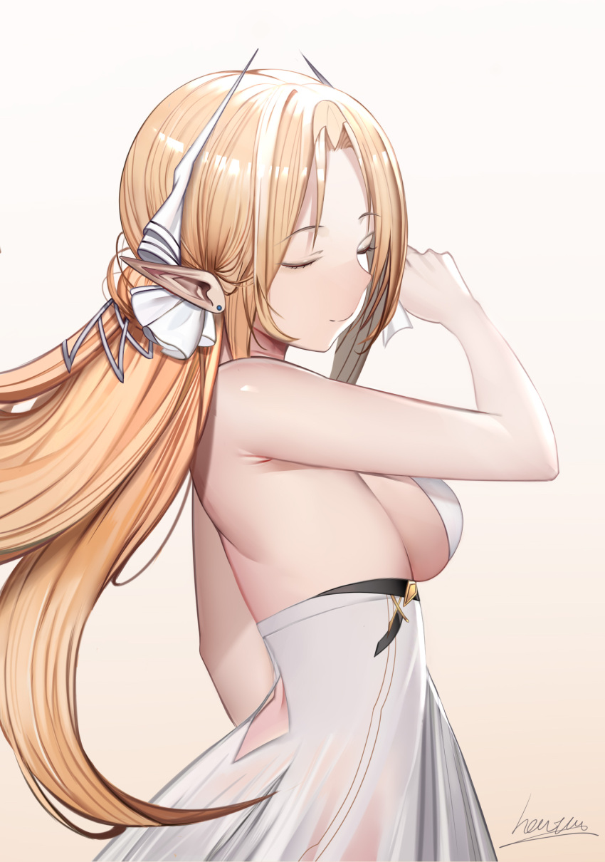 1girl azur_lane back blonde_hair breasts brest_(azur_lane) chinese_commentary closed_eyes dress ear_piercing from_side heatia highres long_hair medium_breasts piercing pointy_ears signature simple_background strapless strapless_dress white_background white_dress