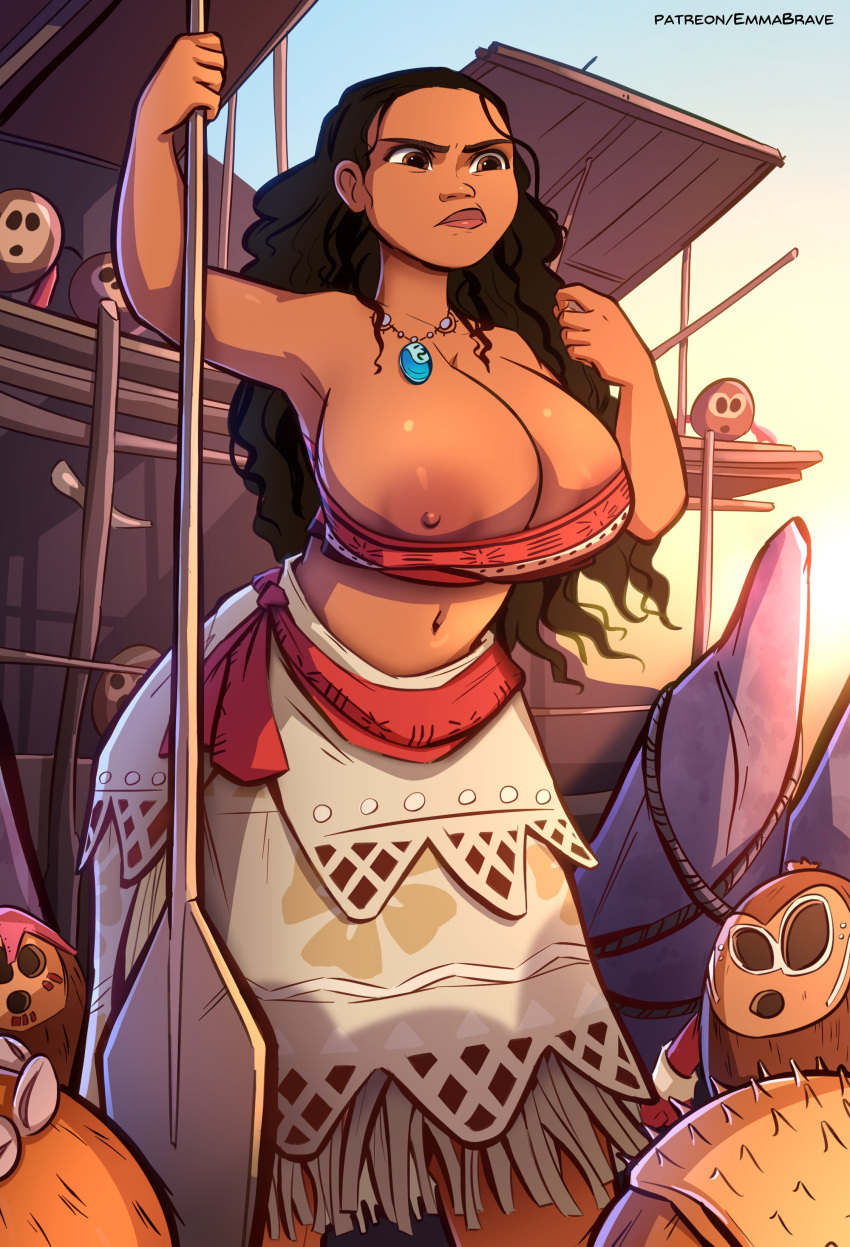 1girl absurdres alternate_breast_size areola_slip arm_up armpits bare_shoulders black_hair breasts brown_eyes dark-skinned_female dark_skin emmabrave feet_out_of_frame highres huge_breasts jewelry long_hair midriff moana_(movie) moana_waialiki navel necklace nipple_slip nipples oar outdoors solo strapless tube_top very_long_hair