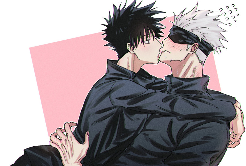 2boys bangs black_blindfold black_hair black_jacket blindfold blush closed_mouth commentary_request flying_sweatdrops full-face_blush fushiguro_megumi fushirun_rung gojou_satoru green_eyes hair_between_eyes high_collar highres hug jacket jujutsu_kaisen licking licking_another's_face long_sleeves looking_at_another male_focus multiple_boys nervous short_hair spiked_hair sweatdrop tongue tongue_out white_hair yaoi