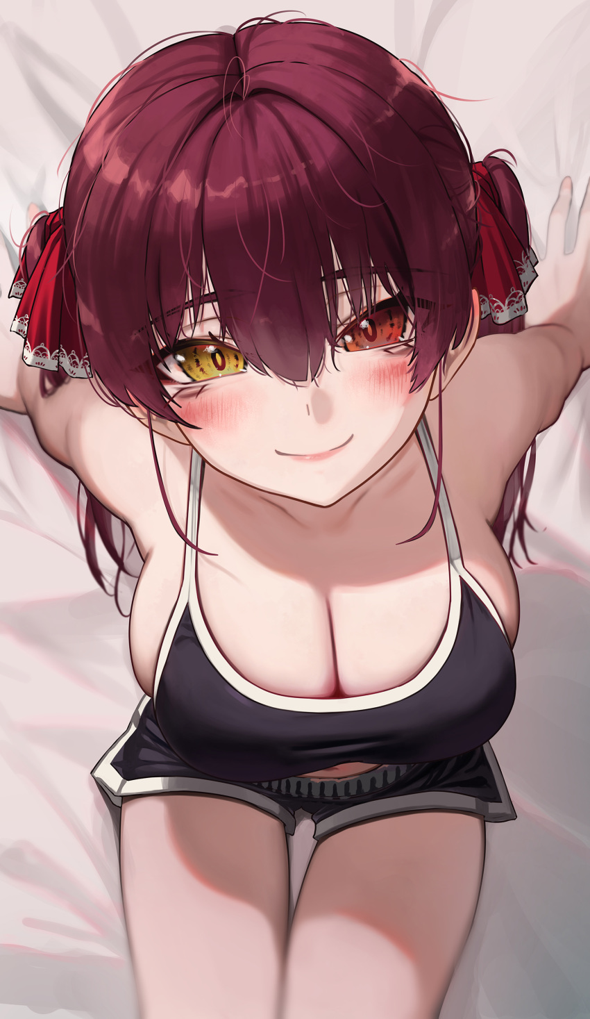 1girl absurdres arm_support bangs bare_arms bed_sheet black_shorts black_sports_bra blush breasts cleavage closed_mouth cowboy_shot from_above hair_between_eyes hair_ribbon highres hololive houshou_marine large_breasts long_hair looking_at_viewer on_bed red_eyes red_hair red_ribbon revision ribbon short_shorts shorts sitting sitting_on_bed smile solo sports_bra thigh_gap torriet virtual_youtuber yellow_eyes