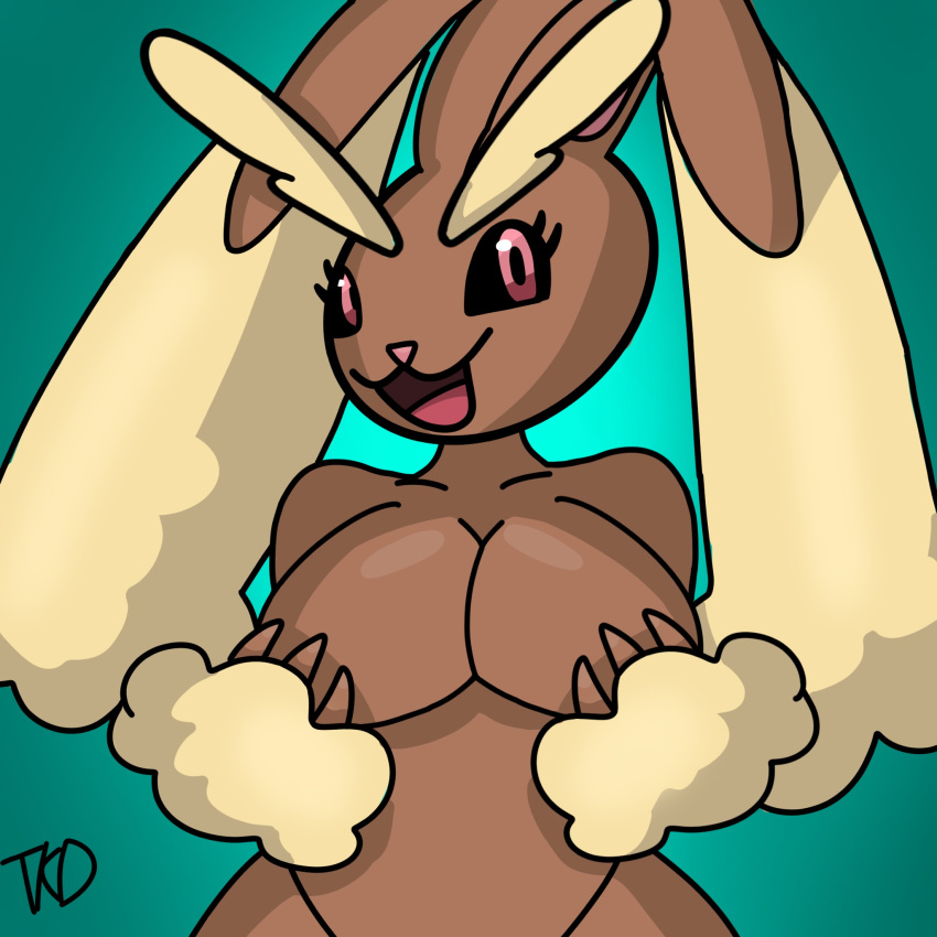 andromorph anthro big_breasts breasts brown_body brown_fur covering covering_breasts covering_self female fluffy fluffy_ears fur hi_res humanoid intersex lagomorph leporid lopunny mammal nintendo pink_eyes pink_nose pok&eacute;mon pok&eacute;mon_(species) rabbit simple_background smile solo thick_thighs tkd video_games