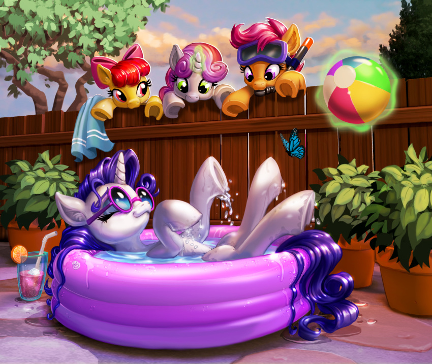 2022 apple_bloom_(mlp) arthropod ball beach_ball beverage butterfly container cup digital_media_(artwork) earth_pony equid equine eyelashes eyes_closed eyeshadow eyewear female fence feral friendship_is_magic glowing glowing_horn goggles group harwick hasbro hi_res hooves horn horse inflatable insect kiddie_pool lemonade lepidopteran levitation magic makeup mammal my_little_pony orange_body pegasus plant plant_pot pony potted_plant rarity_(mlp) scootaloo_(mlp) smile snorkel straw summer sunglasses sweetie_belle_(mlp) swimming_pool telekinesis tree unicorn water wet white_body wings yellow_body