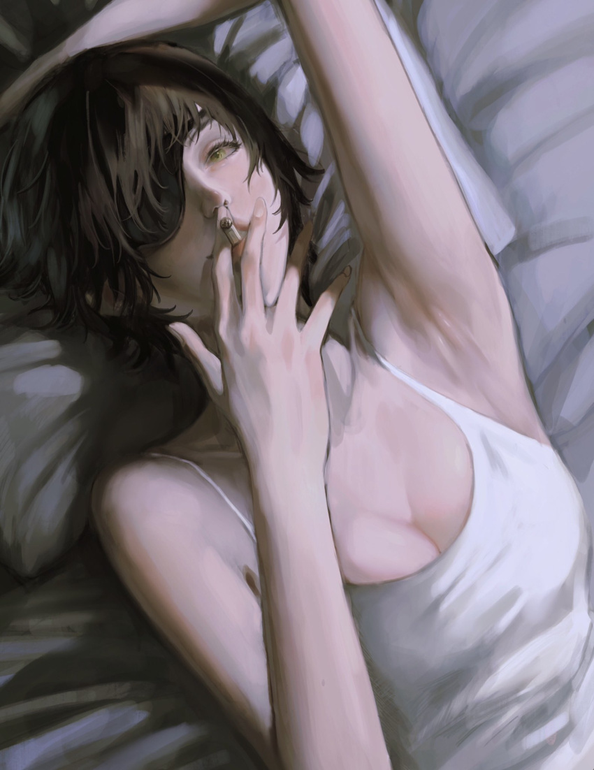 1girl arm_up armpits bare_arms black_hair breasts camisole chainsaw_man cigarette cleavage collarbone commentary dutch_angle english_commentary eulbhitomi eyepatch from_above green_eyes highres himeno_(chainsaw_man) holding holding_cigarette looking_at_viewer lying on_back on_bed one_eye_covered pillow realistic short_hair smoking solo spaghetti_strap upper_body white_camisole