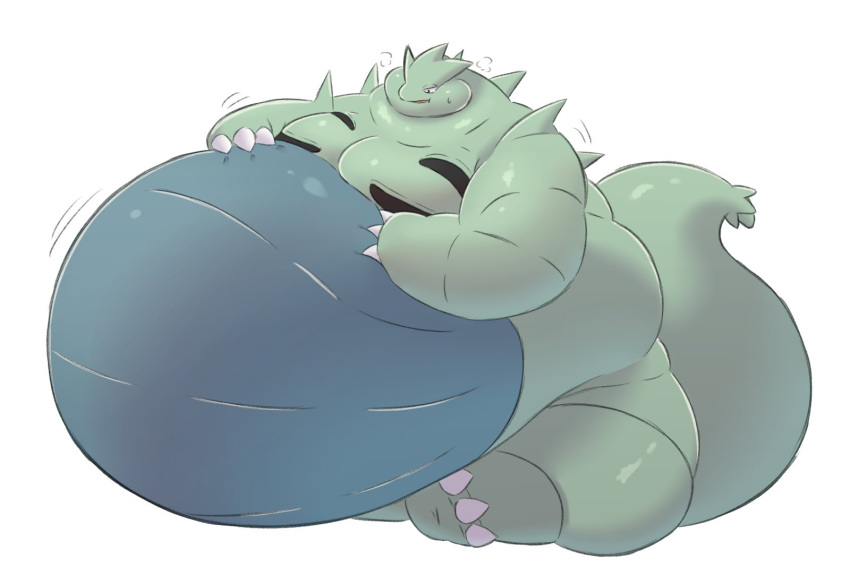 2022 ambiguous_gender anthro belly big_belly claws hand_on_stomach hi_res morbidly_obese morbidly_obese_ambiguous morbidly_obese_anthro motion_lines nintendo norsu327 obese obese_ambiguous obese_anthro overweight overweight_ambiguous overweight_anthro pok&eacute;mon pok&eacute;mon_(species) simple_background sitting solo spikes tyranitar video_games white_background