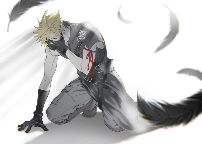 1boy aqua_eyes arm_ribbon armor black_feathers black_gloves blonde_hair boots cargo_pants cloud_strife covering_face earrings falling_feathers feathers final_fantasy final_fantasy_vii final_fantasy_vii_advent_children full_body gloves grey_pants grey_shirt hair_between_eyes high_collar highres jewelry kneeling male_focus muscular muscular_male open_collar pants red_ribbon ribbon shirt short_hair shoulder_armor shoulder_strap single_earring sleeveless sleeveless_shirt solo spiked_hair strap sweat white_background wolf xianyu314