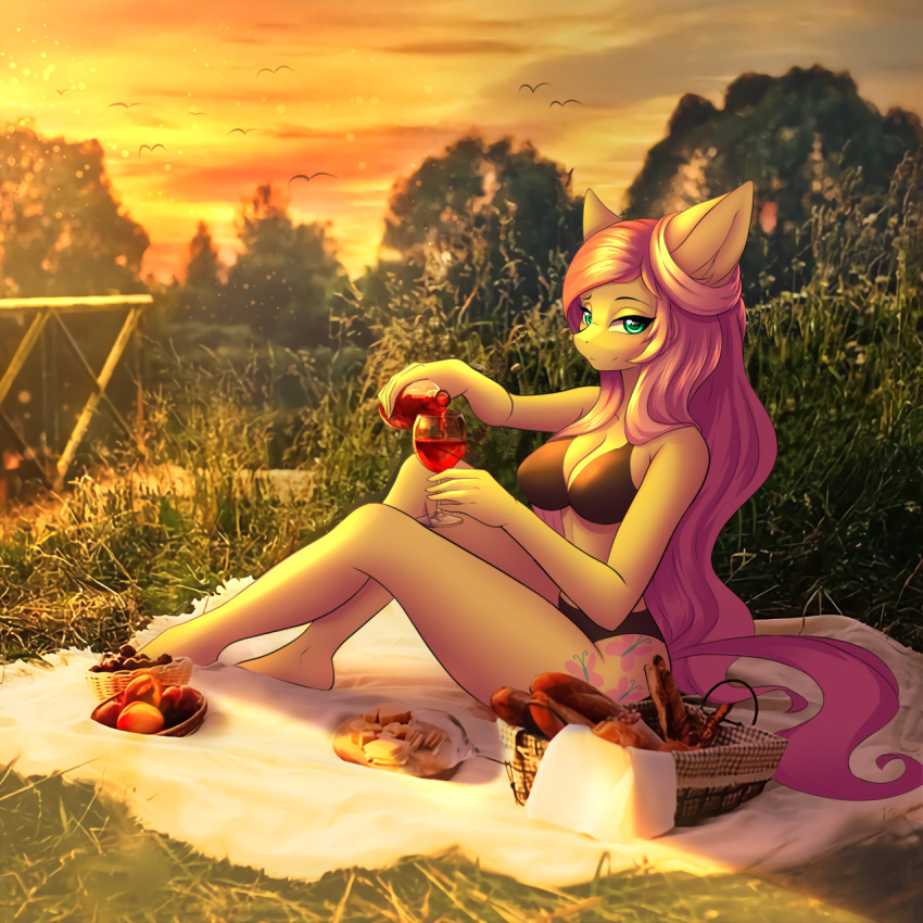 1:1 2022 alcohol anthro basket beverage bra breasts clothing container cup cutie_mark drinking_glass equid equine eyebrows eyelashes female fluttershy_(mlp) food friendship_is_magic fruit glass glass_container glass_cup hair hasbro hellcat120 hi_res horse long_hair mammal my_little_pony outside panties picnic picnic_basket pink_hair plant pony pouring sitting solo underwear wine wine_glass