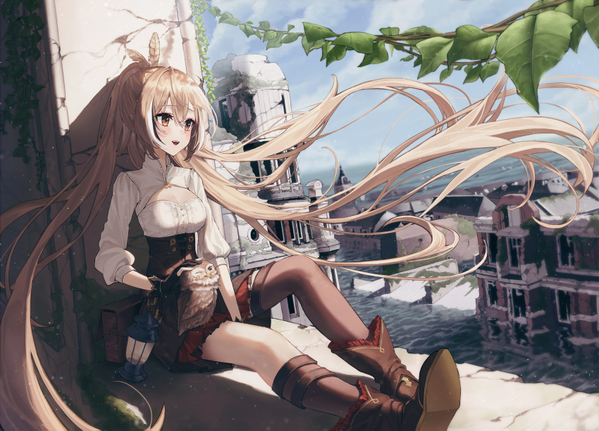 1girl ahoge ankle_boots asymmetrical_legwear bangs belt bird boots brown_corset brown_eyes brown_hair cityscape cleavage_cutout clothing_cutout corset feather_hair_ornament feathers floating_hair flood foliage gloves hair_ornament hairclip highres hololive hololive_english knee_strap kneehighs lantern long_hair multicolored_hair nanashi_mumei owl partially_fingerless_gloves plant pleated_skirt ponytail pouch red_skirt ruins shirt single_kneehigh single_sock single_thighhigh skirt socks streaked_hair teeth tem thigh_strap thighhighs upper_teeth very_long_hair vines virtual_youtuber water white_shirt