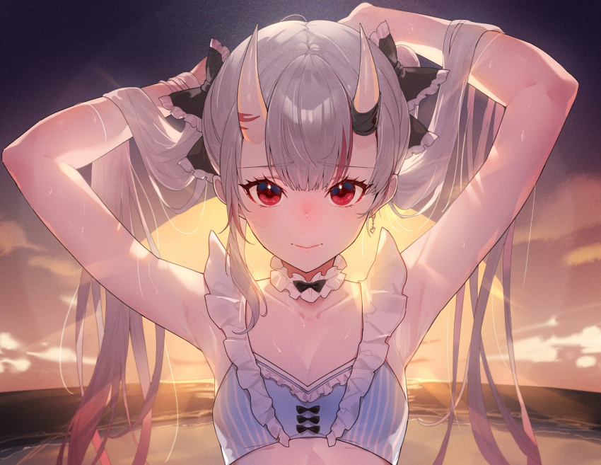 1girl adjusting_hair armpits backlighting bare_arms beach black_ribbon breasts close-up closed_mouth collarbone commentary_request earrings evening fangs grey_hair hair_ribbon heart heart_earrings hololive horn_ornament horn_ribbon horns jewelry kakage looking_at_viewer nakiri_ayame ocean oni_horns outdoors red_eyes ribbon skin-covered_horns small_breasts smile sunlight sunset swimsuit twintails upper_body virtual_youtuber water waves