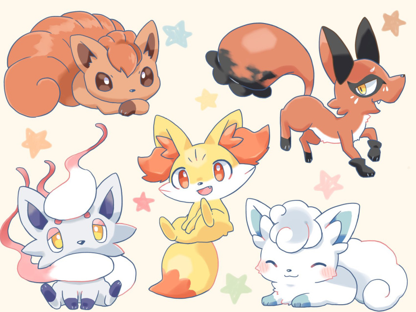 :3 alolan_vulpix animal animal_focus animal_hands blush brown_hair closed_eyes closed_mouth commentary_request fang fennekin fox hair_between_eyes hisuian_zorua kana_(maple926) lying nickit no_humans on_stomach open_mouth pointy_nose pokemon pokemon_(creature) red_eyes simple_background sitting star_(symbol) vulpix yellow_eyes yuubari_(azur_lane)