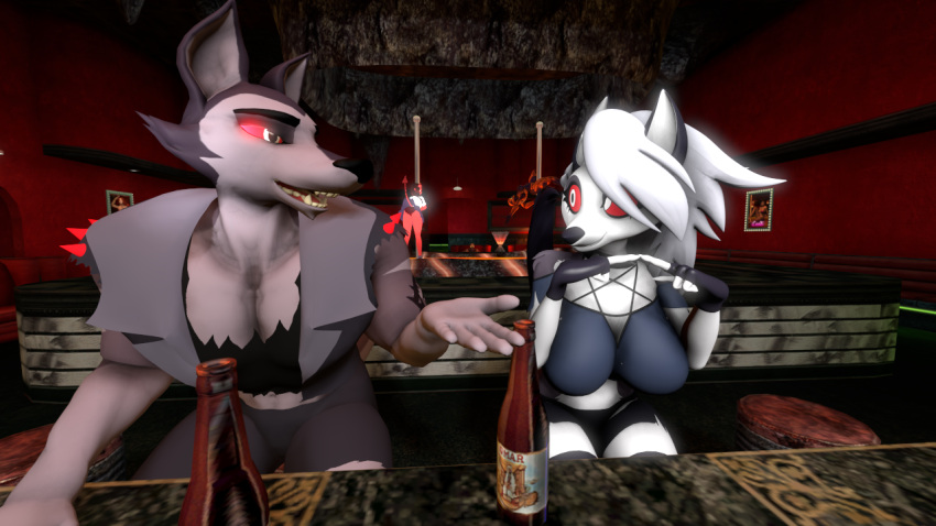 16:9 2022 3d_(artwork) 4_fingers 5_fingers alcohol anthro beer beer_bottle beverage big_breasts black_nose bottle bottomwear breasts canid canid_demon clothed clothing collar crop_top dancing demon digital_media_(artwork) doom_(series) duo_focus eye_contact fangs female fingerless_gloves fingers fingers_together fur gloves grey_body grey_fur group hair handwear hellhound helluva_boss humanoid humanoid_hands id_software imp_(doom) inside jacket leather leather_clothing leather_jacket leather_topwear lonephantom looking_at_another loona_(helluva_boss) male male/female mammal meru_the_succubus midriff multicolored_body multicolored_fur nightclub open_mouth pole pole_dancing red_sclera shirt shorts silver_hair sitting smile source_filmmaker spiked_collar spikes story story_in_description stripper_pole succubus teeth topwear torn_bottomwear torn_clothing torn_shorts two_tone_body two_tone_fur video_games vortex_(helluva_boss) white_body white_eyes white_fur widescreen