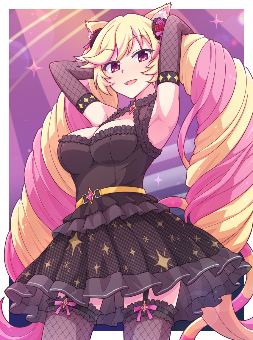 1girl :d animal_ear_fluff animal_ears armpits arms_up bangs black_skirt blonde_hair blush breasts cat_ears cat_girl cat_tail cleavage detached_sleeves e20 fishnet_legwear fishnet_sleeves fishnets flower frills garter_straps hair_flower hair_ornament highres long_hair long_sleeves looking_at_viewer mashima_himeko_(show_by_rock!!) medium_breasts multicolored_hair pink_hair pleated_skirt purple_flower purple_rose red_eyes red_flower red_rose rose show_by_rock!! skirt smile solo standing tail thighhighs twintails two-tone_hair very_long_hair