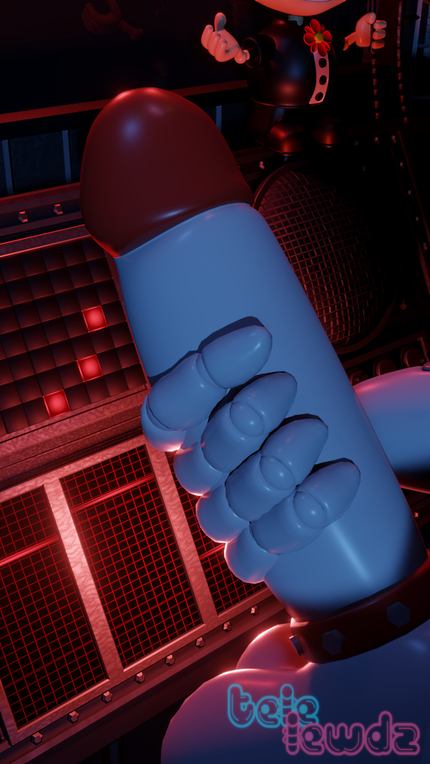 3d_(artwork) 9:16 accessory anthro balls big_penis circus_baby_(fnaf) cock_ring digital_media_(artwork) five_nights_at_freddy's genitals gripping_penis hand_on_own_penis hi_res humanoid jewelry machine male metal_penis penis penis_accessory penis_jewelry red_light red_lighting reflection robot robot_humanoid scottgames sister_location solo telelewdz video_games white_penis
