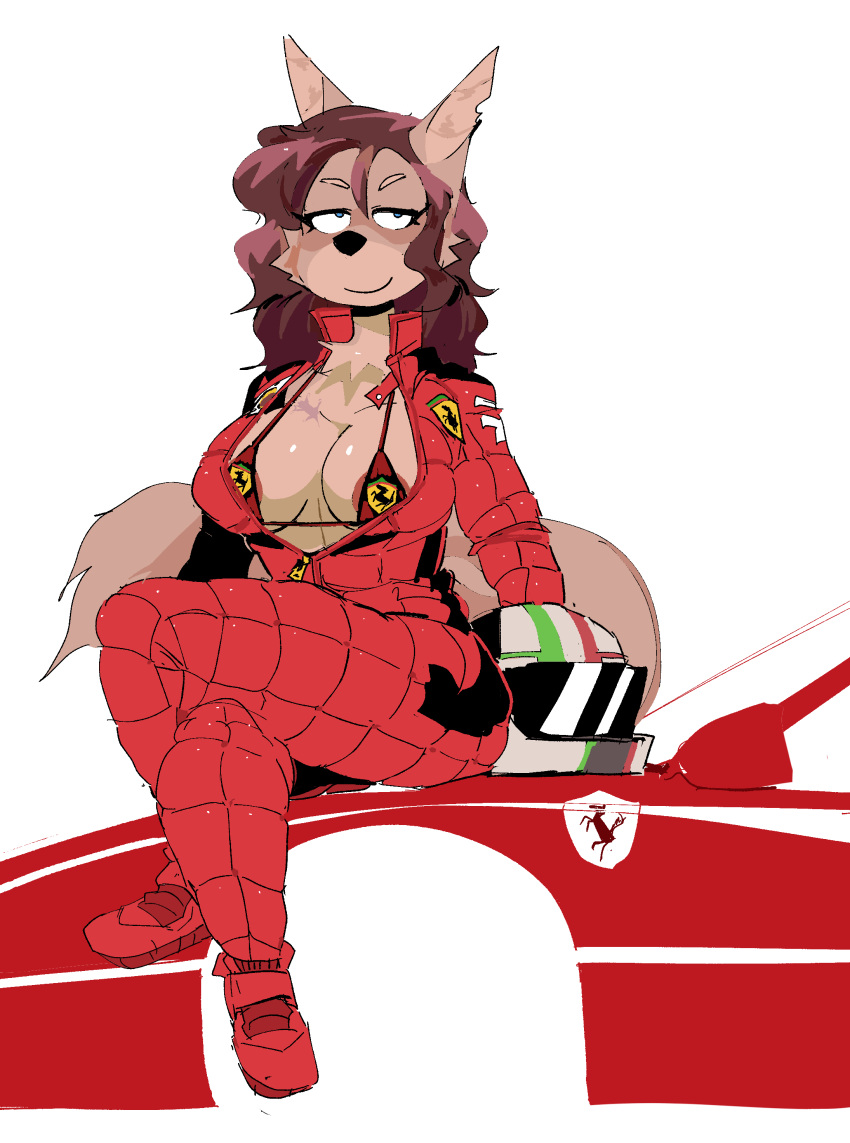 absurd_res anthro armor blue_eyes bra breasts canid canine canis car cleavage clothed clothing female ferrari headgear helmet hi_res jumpsuit looking_at_viewer lucia_martina mammal nipples open_jumpsuit racing_suit scar sitting solo underwear vehicle velvetomo wolf zipper_down