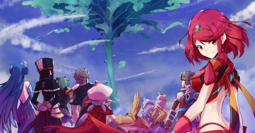 absurdres bangs breasts brighid_(xenoblade) dromarch_(xenoblade) highres large_breasts morag_ladair_(xenoblade) multiple_boys multiple_girls nia_(xenoblade) pandoria_(xenoblade) poppi_(xenoblade) pyra_(xenoblade) red_eyes red_hair red_shorts rex_(xenoblade) short_hair short_shorts shorts swept_bangs tora_(xenoblade_2) tsukinaga xenoblade_chronicles_(series) xenoblade_chronicles_2 zeke_von_genbu_(xenoblade)