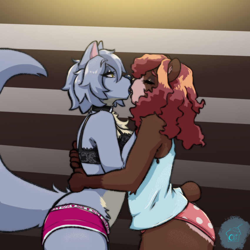 2022 anthro anthro_on_anthro blue_body blue_fur blue_hair bra breasts brown_body brown_fur canid canine canis carly_bear clothing cupcakecarly digital_media_(artwork) duo eyes_closed female female/female fur hair hi_res kissing maku_(maku450) mammal pattern_background pattern_clothing pattern_underwear pink_hair rose_pantilion shirt simple_background spots spotted_clothing spotted_underwear striped_background topwear underwear ursid wolf