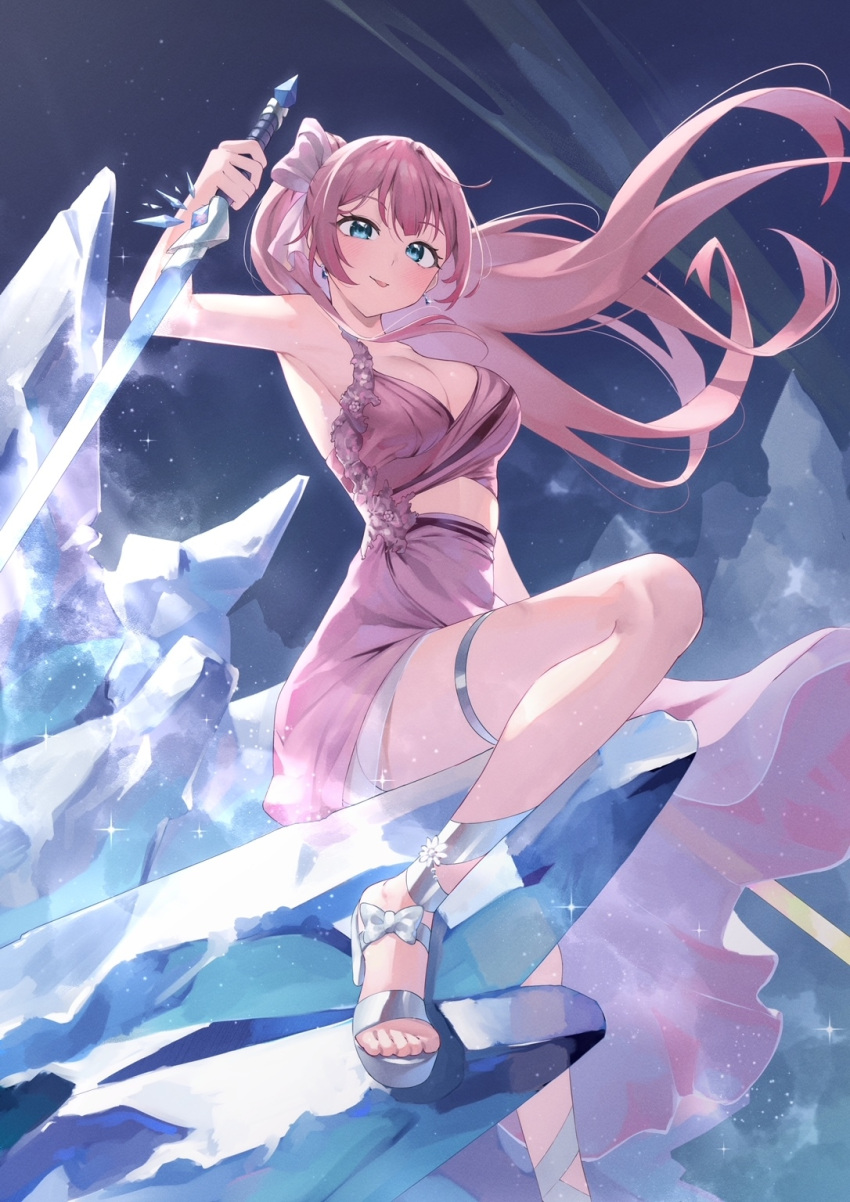 1girl armpits blue_eyes bow breasts cleavage commission dress footwear_bow highres holding holding_sword holding_weapon long_hair looking_at_viewer morros original pink_dress pink_hair reverse_grip sandals silver_footwear smile solo sword thigh_strap thighs toes weapon