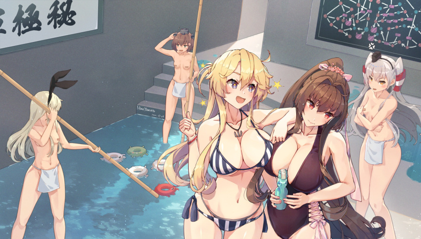 5girls ahoge amatsukaze_(kancolle) anger_vein animal_ears arm_behind_head artist_name bandaid bandaids_on_nipples bikini blonde_hair blue_eyes breasts brown_hair cleavage commentary covered_nipples dated enemy_lifebuoy_(kancolle) fake_animal_ears grey_hair headgear highres himeyamato holding holding_stick iowa_(kancolle) kantai_collection large_breasts loincloth multiple_girls partially_submerged pasties red_eyes shimakaze_(kancolle) side-tie_bottom small_breasts stairs star-shaped_pupils star_(symbol) stick striped striped_bikini swimsuit symbol-only_commentary symbol-shaped_pupils topless translation_request two_side_up white_loincloth yamato_(kancolle) yukikaze_(kancolle)