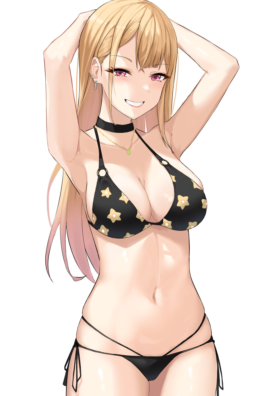 1girl absurdres armpits arms_up bangs bikini black_bikini blonde_hair blunt_bangs breasts choker cleavage cowboy_shot earrings highres jewelry kitagawa_marin large_breasts long_hair murding navel necklace red_eyes side-tie_bikini simple_background smile solo sono_bisque_doll_wa_koi_wo_suru swimsuit teeth white_background