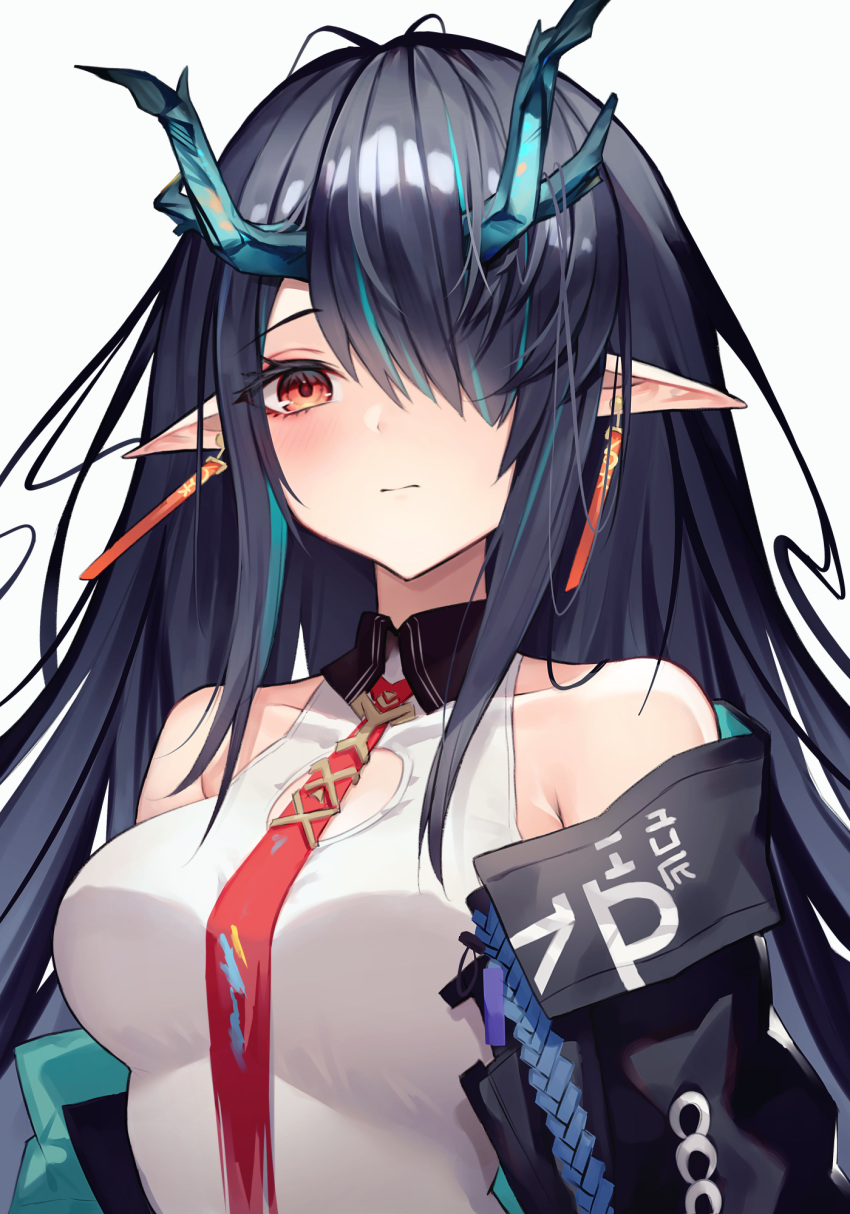 1girl aqua_hair arknights black_hair black_jacket breasts diieru dragon_horns dress dusk_(arknights) earrings hair_over_one_eye highres horns jacket jewelry large_breasts long_hair multicolored_hair necktie open_clothes open_jacket pointy_ears red_eyes red_necktie simple_background solo upper_body white_dress